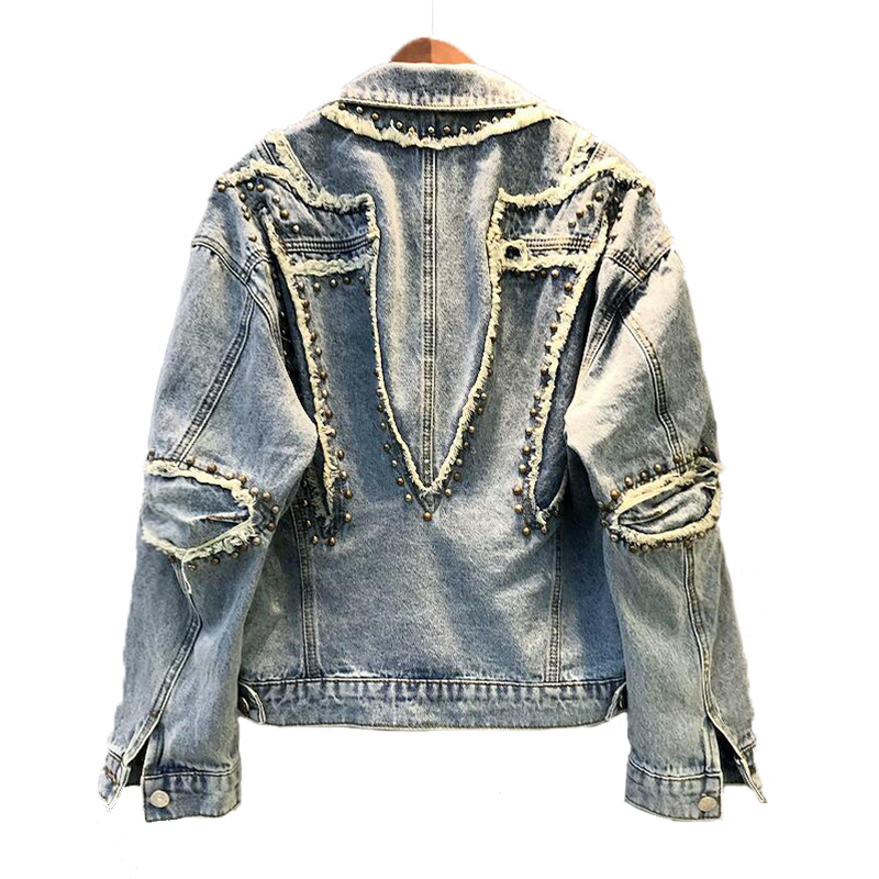 

EWQ] 2020 Autumn Beading Rivets Denim Jacket Women Plus Size Coat Hole Patch Jeans Jacket Women High Street Outwear Blue Coats