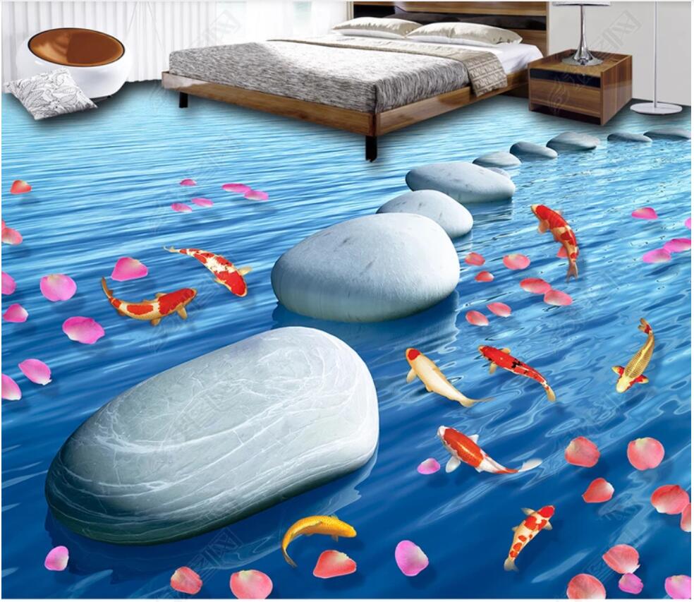 

3d pvc flooring custom photo Flowing water, wealth, stone, petal, squid, 3D floor tile 3d wall murals wallpaper, Sky blue