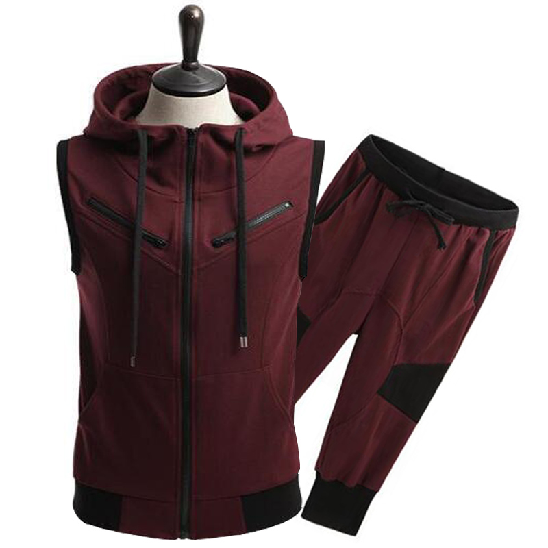 

New Arrivals Sleeveless Hoodies Summer Style Suit Men's Hoodies And Pants Plus Size M-4XL Tops, Wine red