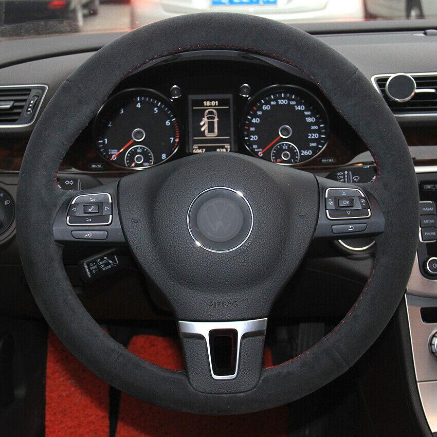 Black Suede Car Steering Wheel Cover for Volkswagen VW Golf Tiguan Passat B7 MK6-image-501885612