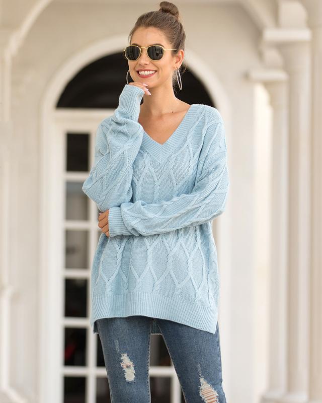 

Spring Big Size Ladies Full Sleeve Women Blue Knitting Sweater Solid V-Neck Pullover And Jumper Loose Vintage Sexy Bone Sweat
