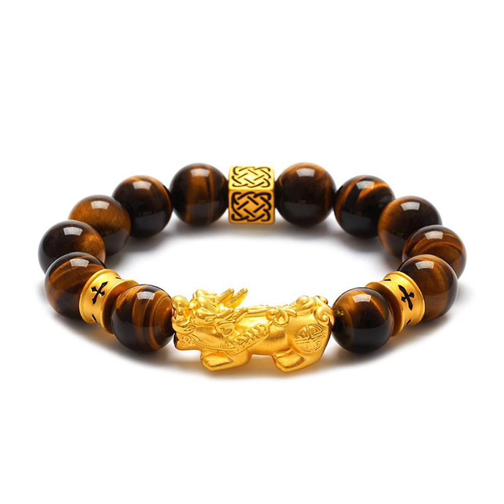 

Natural Tiger Eye beads bracelet Gold Plated 3D Pixiu Bracelet Chinese Feng Shui Men and Women's Jewelry, Golden;silver