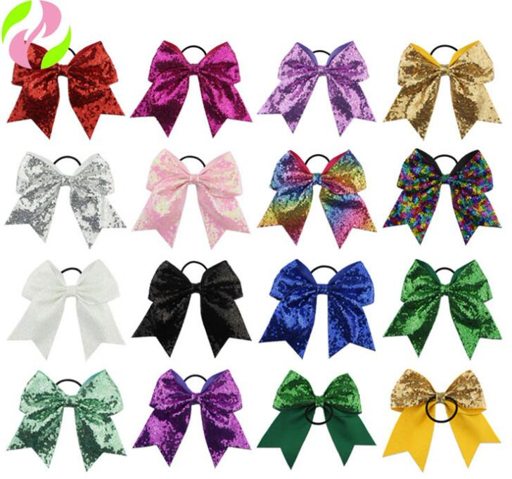 

8 inches Solid Ribbon Cheer Bow For Girls Kids Boutique Large Cheerleading Hair Bow Children sequined Hair Accessories GB1666, As pictures