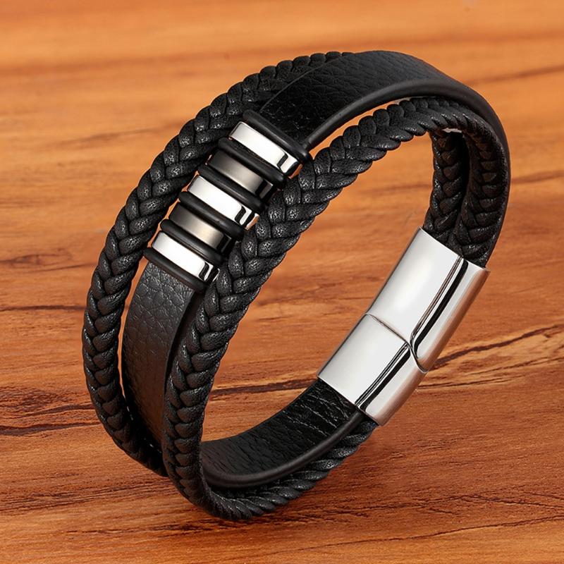 

Charm Bracelets Multi-layer 4 Colors Selection Hand-woven Accessories Combination Men's Stainless Steel Leather Bracelet Valentine's Day Gif