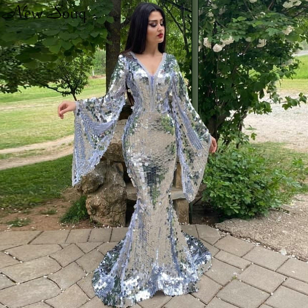 

Arabic Style Long Sleeve Silver Sequin Evening Dresses 2020 Sexy V Neck Muslim Middle East Mermaid Evening Gowns Custom Made, Ivory