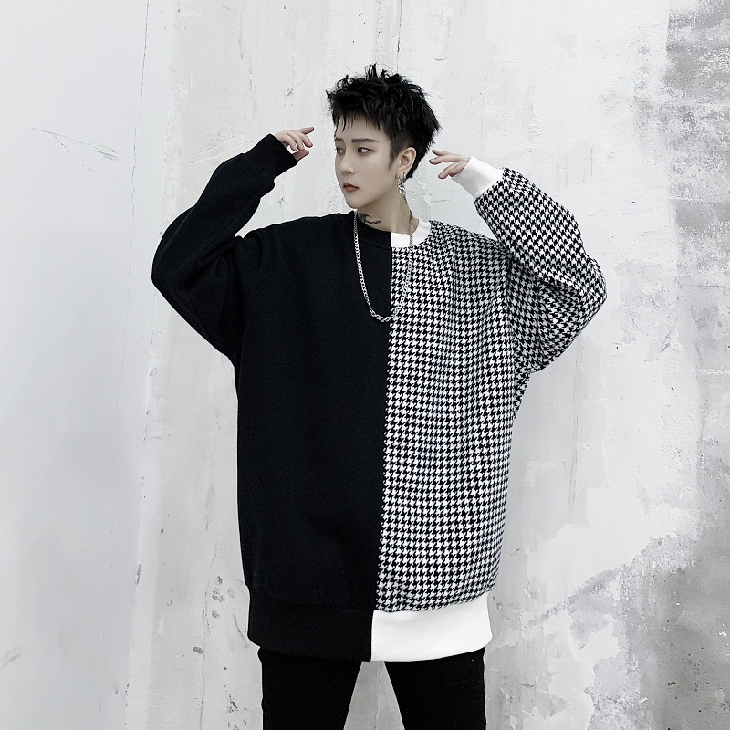 

Men Plaid Splice Long Sleeve Pullover Sweatshirt Male Japan Street Vintage Fashion Casual Loose Hoodie Sweatshirt, 3044