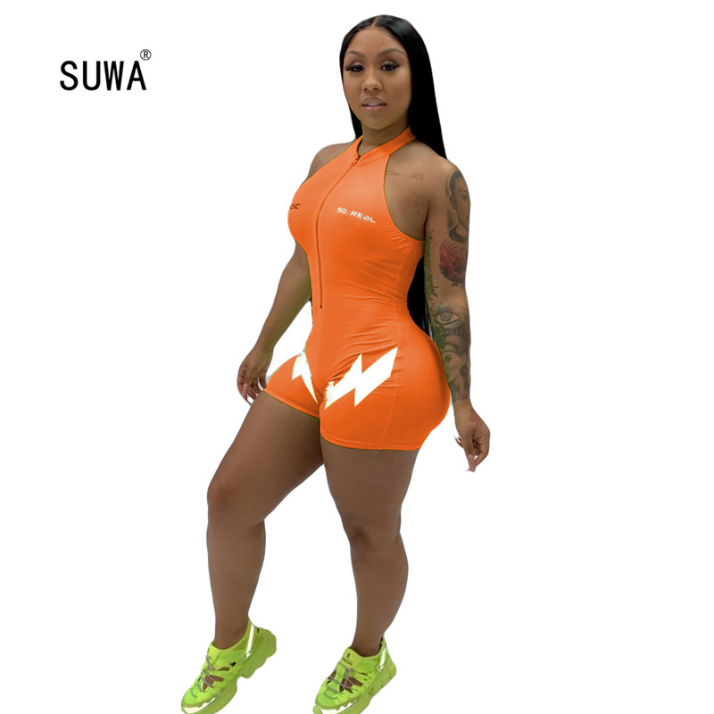 

Moto & Biker Style Casual Print Skinng Short Jumpsuit Summer Sport Wear Sexy Lady O Neck Sleeveless Jogger Playsuit 3 Color, Sky blue