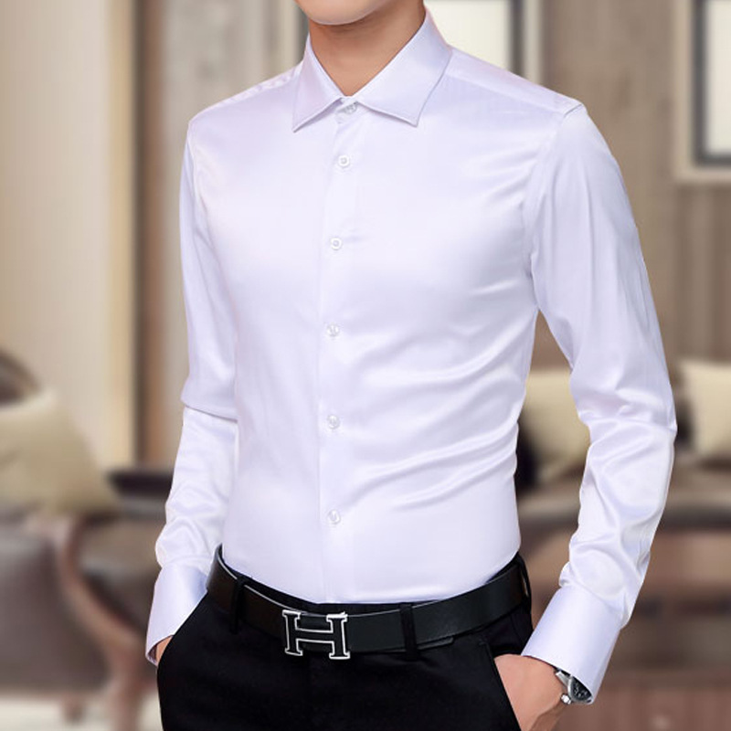 

New Men's Four Seasons Long Sleeve Solid Color Business Casual Free Ironing Mercerized Cotton Brand Shirt Large Size Shirt, White5613