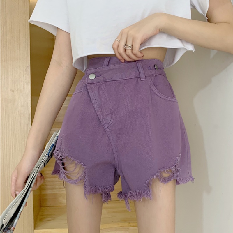 

Summer New Thin Hole Irregular Loose Purple High Waist Slimming Denim Shorts Women Fashion womens shorts High jean X107, Green