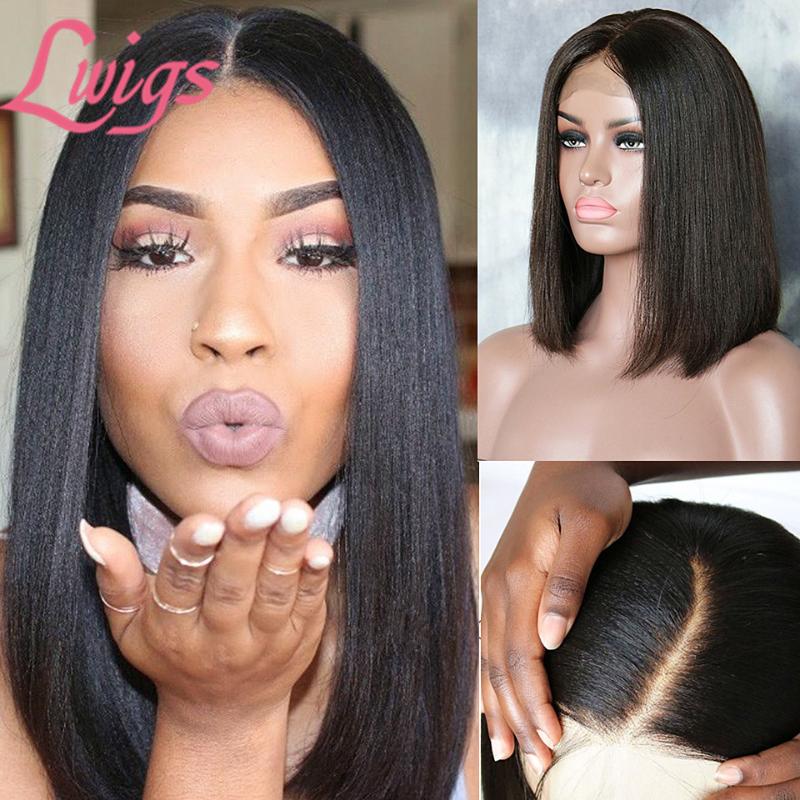 

Yaki Straight Bob Brazilian Virgin Hair Lace Front Wig Bob Yaki Straight Lace Front Human Hair Wigs Glueless Full Wigs Remy, Natural color