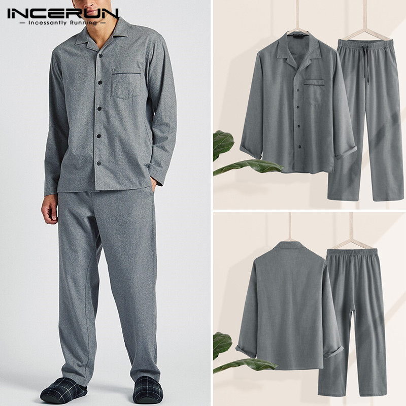 

INCERUN Fashion Men Pajamas Sets Men Casual Homewear Lapel Long Sleeve Shirt Long Pants Sets Solid Color Sleepwear -5XL, Grey