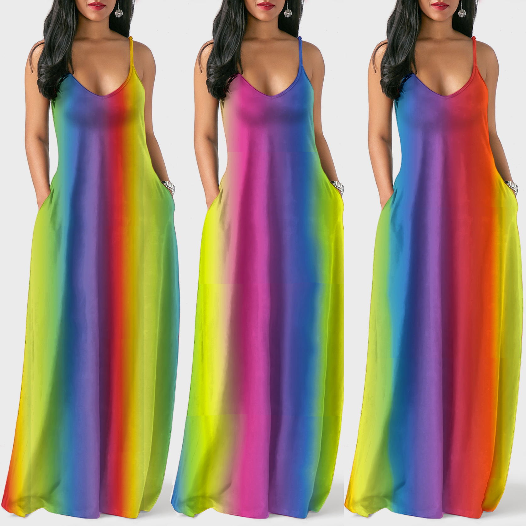

Wholesale Designer Women Clothes Bohemian Rainbow Print Loose Summer Dresses Fashion Women Sexy Spaghetti Strap Bodycon Long Maxi Dresses, Black;gray