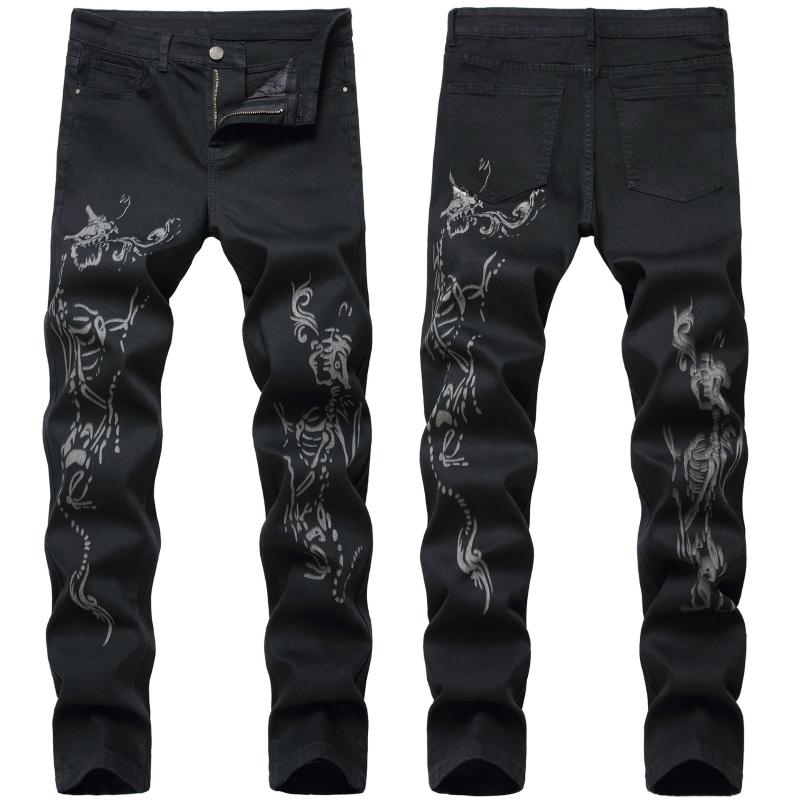 

2020 New Men's Jeans Occident Fashion Printed Denim Pants Men's Cool Printed Jeans Spot Pencil Trousers Cotton Male Black