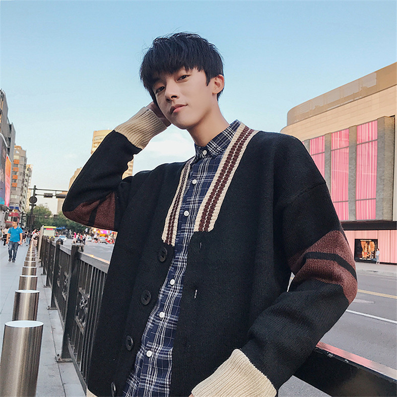 

Winter New Cardigan Men Fashion Contrast Color Casual Knit Sweater Man Streetwear Loose Warm Sweater Jacket Male Clothes -3XL, Black