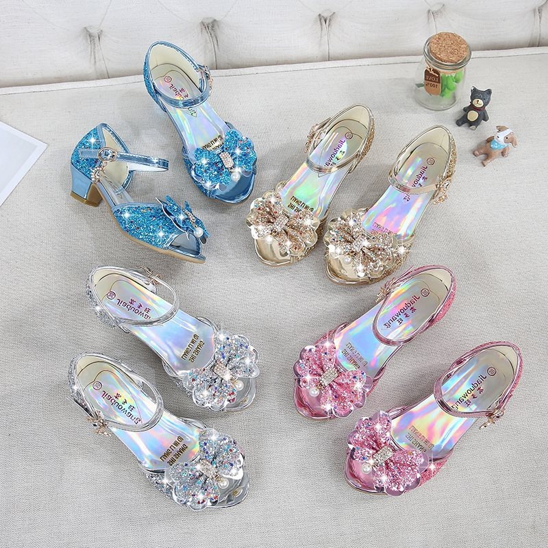 

4 Colors Snow Queen Princess Leather Sandals Baby Kids Girls High Heels Dress Shoes Crystal Dancing Sandals Children Bow-knot Shoes C2295-1, 1lot=1pair=2pcs(without box)