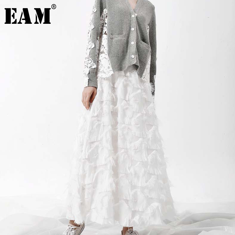 

EAM] 2019 Spring New Fashion Black White Tassels Stitching Big Pendulum Long Type Half-body Skirt Women YC237