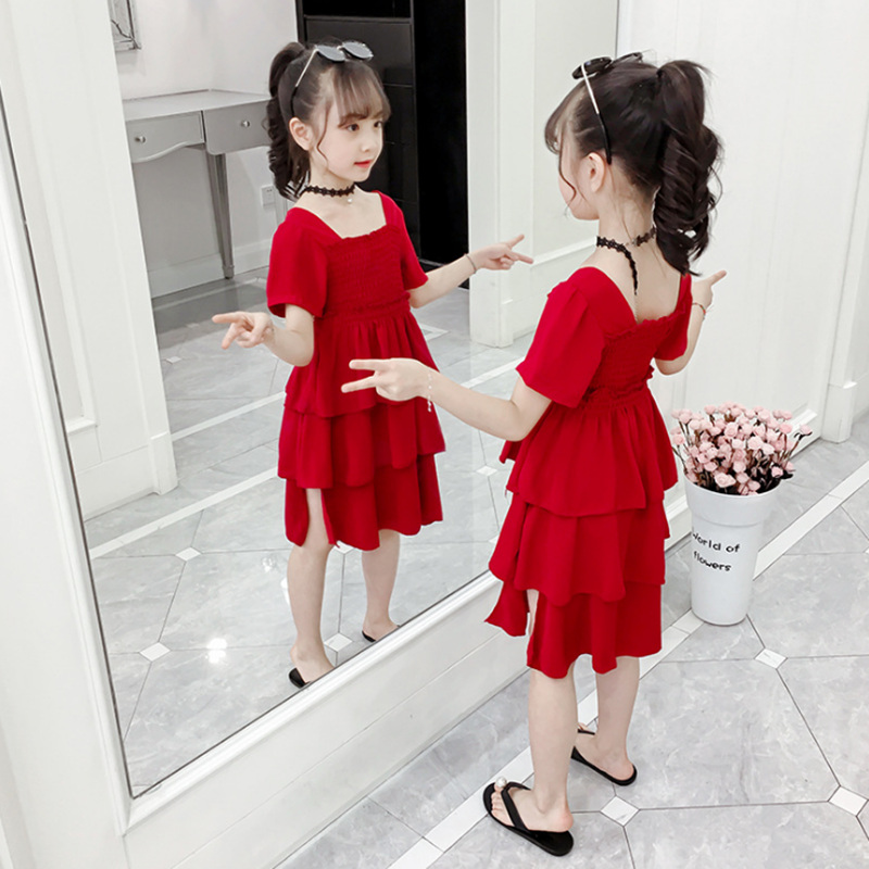 

Girls Dress Solid Color Girls Party Dress Kids Casual Style Children Cake Teenage Clothing For 6 8 10 12 14 Year, Red