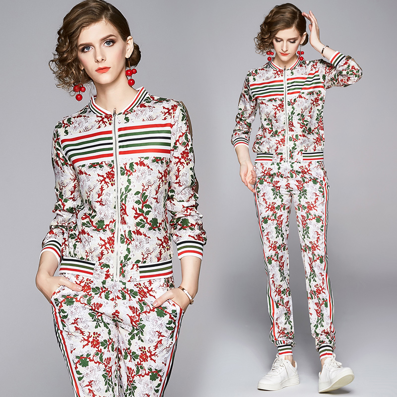 

2020 New Women's Luxury Two Piece Pants Striped Print Long Sleeve Runway Jackets Coat + Long Pants 2 pcs Slim Ladies Designer Two Piece Sets, Customize
