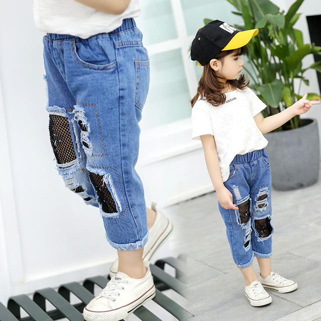 

Fashion Baby Girls Broken Hole Jeans Summer Style 2019 New Denim Trousers For Kids Children Cotton Nets Cropped Pants, Blue
