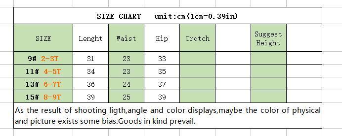 Girls Shorts Size Chart