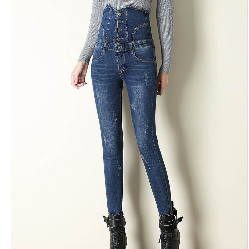

Super High Waist Jeans For Women Push Up Jeans Plus Size Black Skinny Woman Buttons Long Elastic Denim Pencil Pants Work