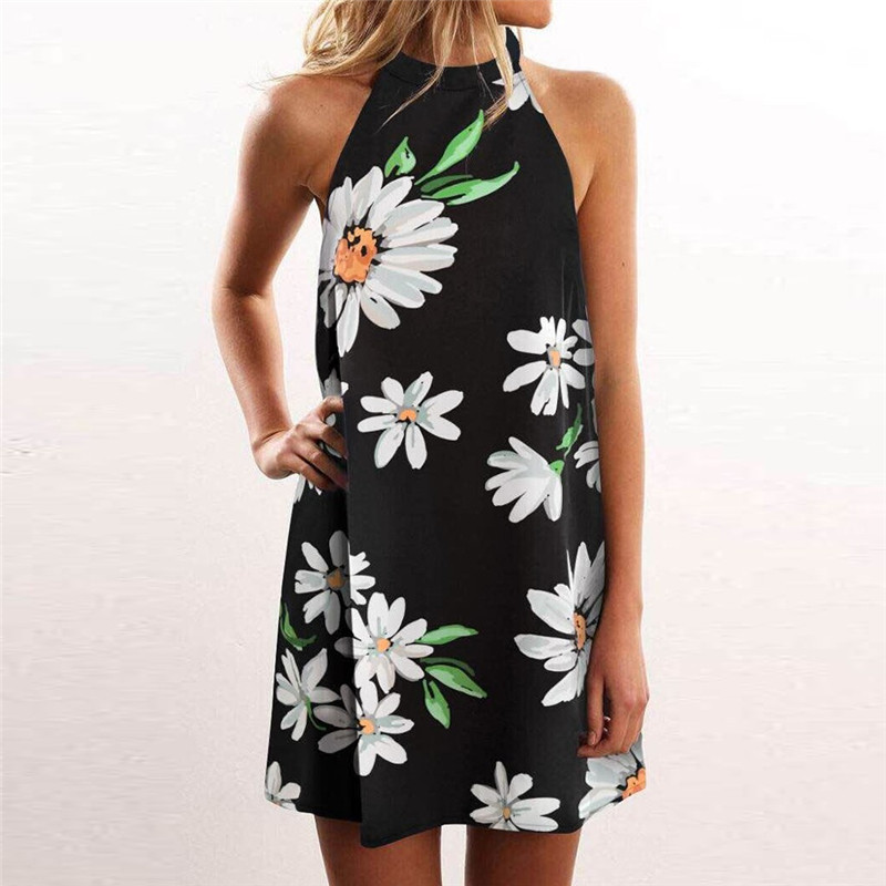 

Fashion Sexy Women Sleeveless Backless Floral Print Summer Dress 2020 Casual Dress Dresses Sexy Vest Sundress, Black