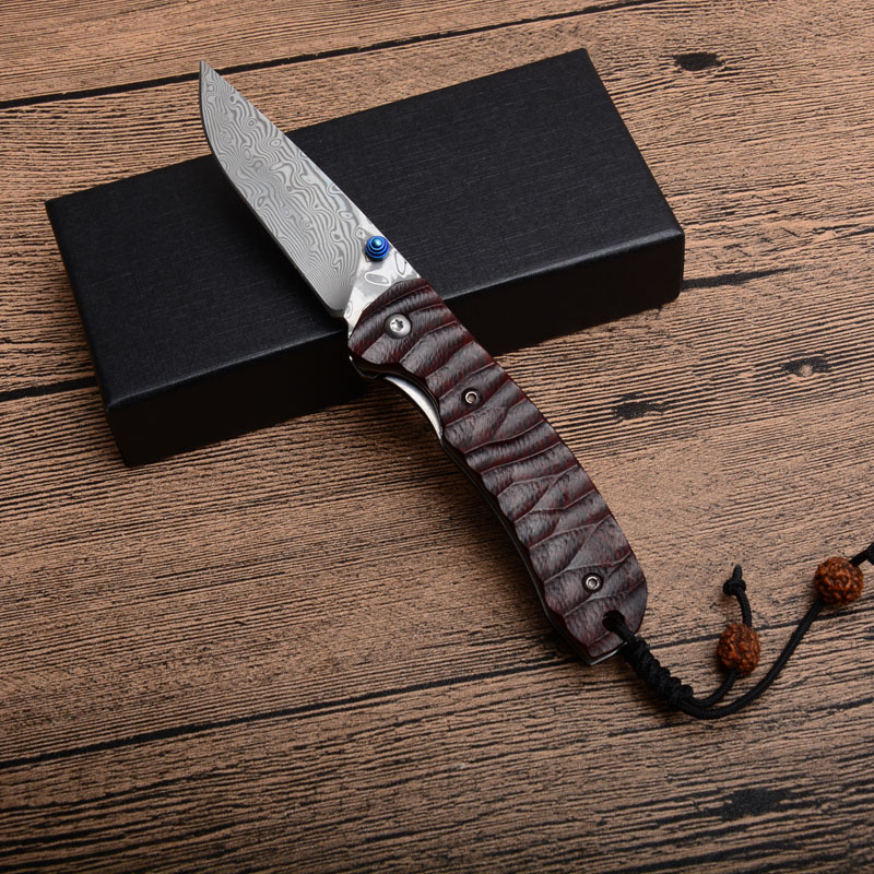 

1Pcs New Damascus Small Folding Knife Damascus Steel Drop Point Blade Rosewood + Stainless Steel Sheet Handle EDC Pocket Knives