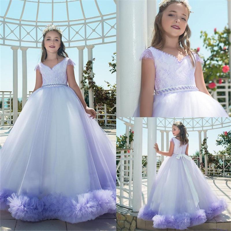 

Luxury Ball Gown Flower Girl Dresses V-neck Fluffy Tulle Sleeveless Girls Pageant Gowns First Holy Communion Party Dresses, White
