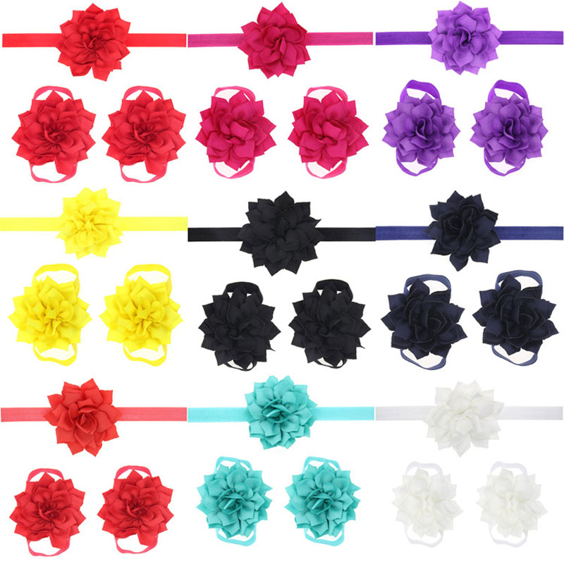 

Hot sale Baby Sandals Flowers Shoes Barefoot Foot Flower Ties Infant Girl Kids First Walker Shoes Headband Set Solid Color Headbands, Mixed