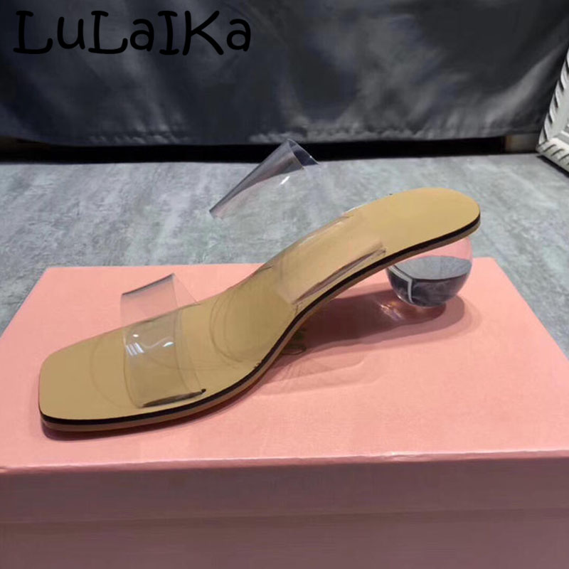 

2020 Summer New Woman Solid Color Round Head Jelly Shoes Sexy Transparent Round Heel Comfortable Lady Indoor Outdoor Flip Flop, Khaki