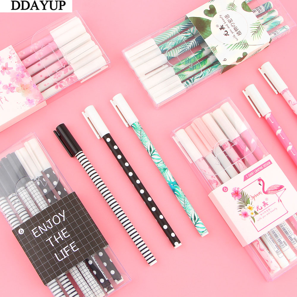 

6Pcs/box Cute Green Plants Flamingo Sakura Gel Pen Signature Pen Escolar Papelaria School Office Supply Promotional Gift
