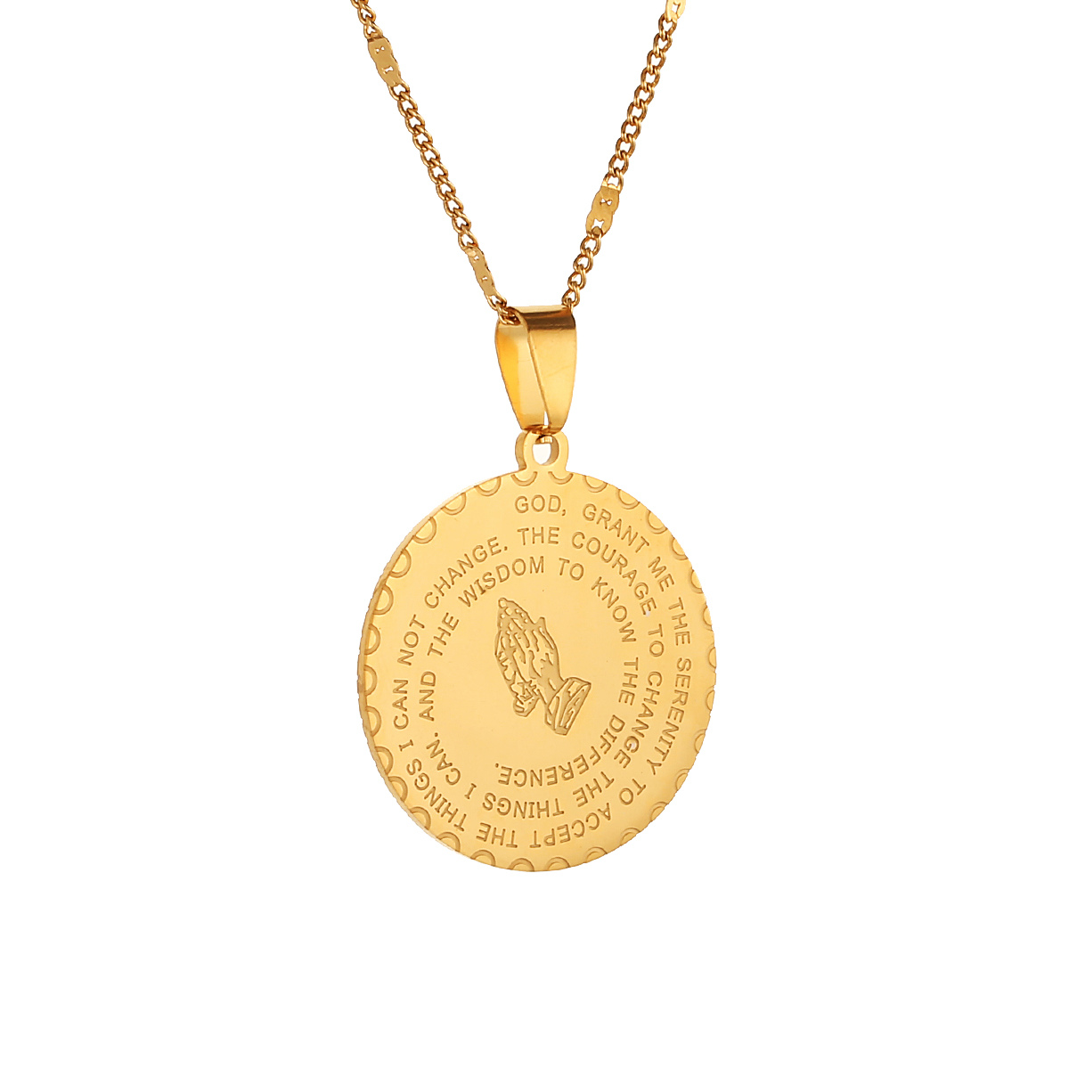 

Stainless Steel Bible Verse Prayer Pendant Necklace Christian Jewelry Praying Hands Coin Medal Chain Jewelry