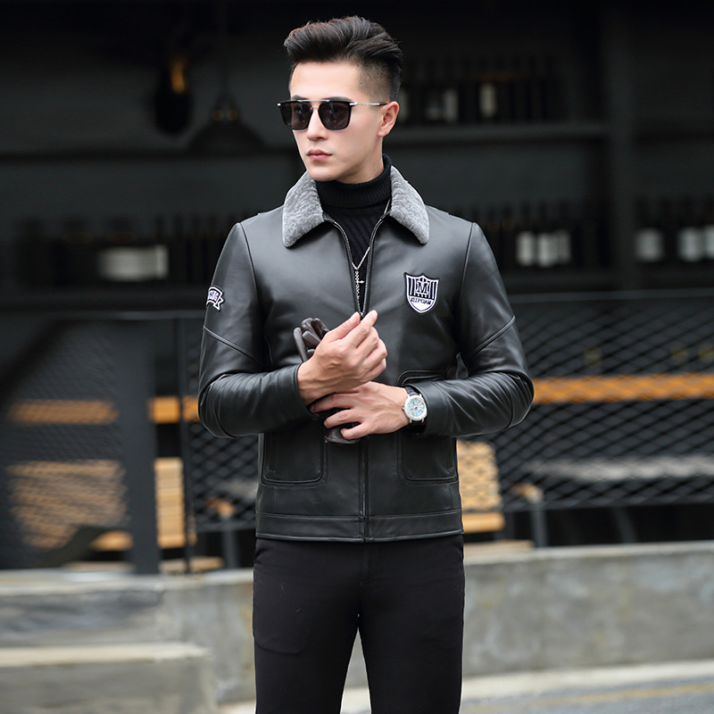 

2019 new men's leather jacket leather lapel plus cotton winter warm coat urban fashion coat, Black