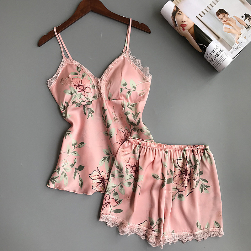 

Womens sleepwears Silk Satin Pajamas Spaghetti Strap Printing Lace Sexy Women V-Neck With Pad Female Summer Pajama Set Fashion, Pink