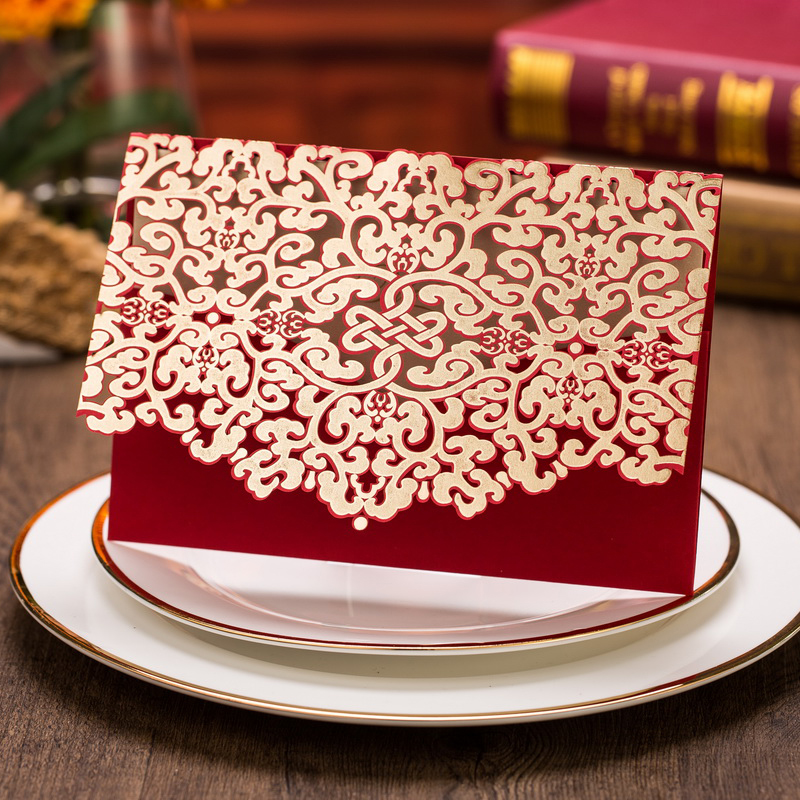 

50pcs Red & Gold Floral Wedding Invitation Card with Envelope Horizontal Laser Cut Customized Print Blank Marriage Card