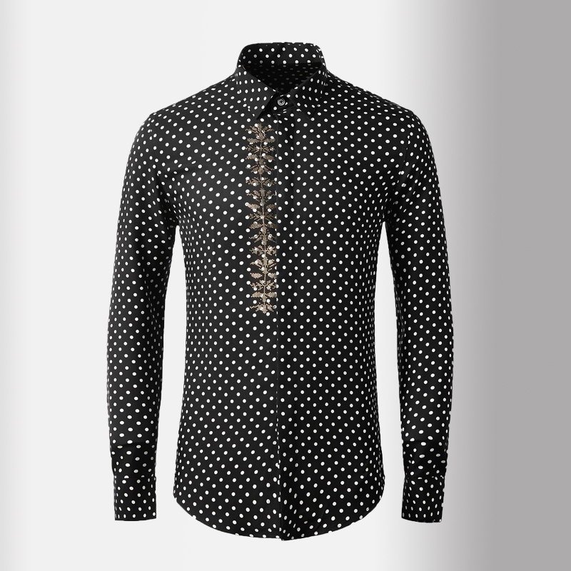

NEW 100% Cotton Men Shirts Luxury Diamond Long Sleeve Polka Dot Mens Dress Shirts Plus Size 4xl Slim Fit Party Male, Black