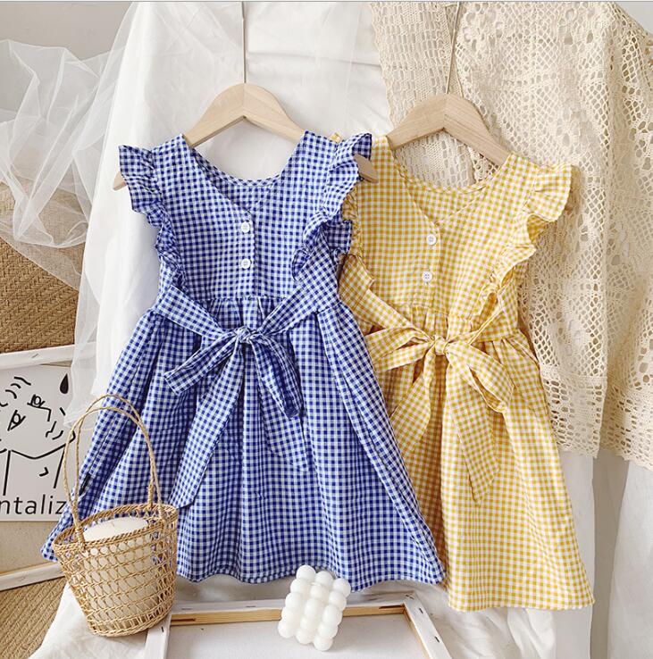 

2020 Summer New Children Baby Plaids Back Bow Dresses , Girls Princess Sweet Clothes 6 Pieces/lot Wholesale, Blue