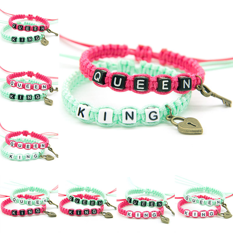

2pcs/pair Handmade Couple Bracelets Green Hotpink King And Queen With Key Lock Rope Chains Lovers Gifts Charm Bracelets Supplies