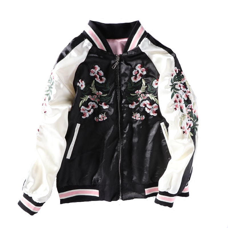

New Ladies Cherry Blossoms Embroidery Bomber Jacket Women Long Sleeve Casual Tops Zipper Jackets Outwear Loose Tops Basic Coat, Black;brown