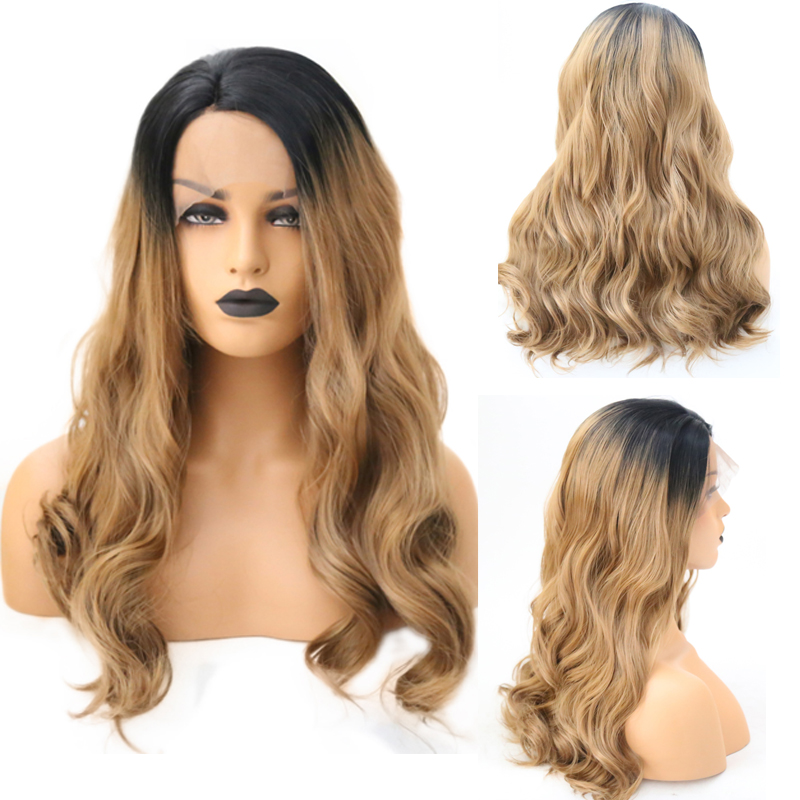 

AIMEYA Long Ombre Brown Wavy Wigs Black Root Synthetic Lace Front Wigs for Black and White Women High Temperature Fiber Hair, As pic