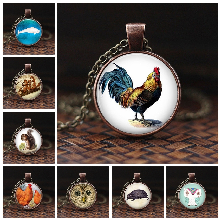 

Vintage Rooster Statement Necklace Farm Animal Pendant Chicken Jewelry Copper Chain Choker Glass Cabochon Necklace For Women