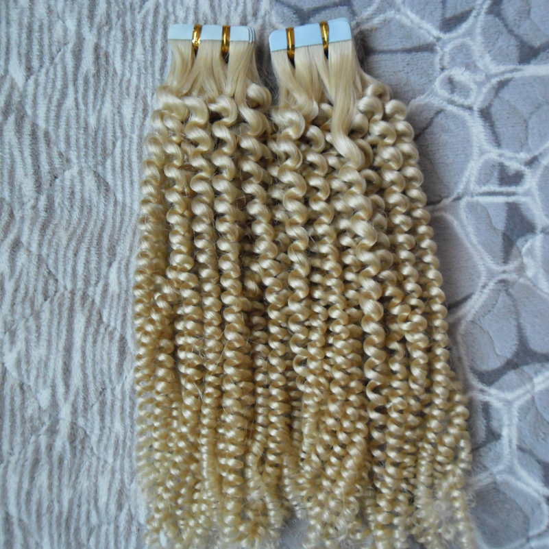 

blonde mongolian kinky curly hair 100g loose curly tape in human hair extensions 40pcs Skin Weft hair extension, Black