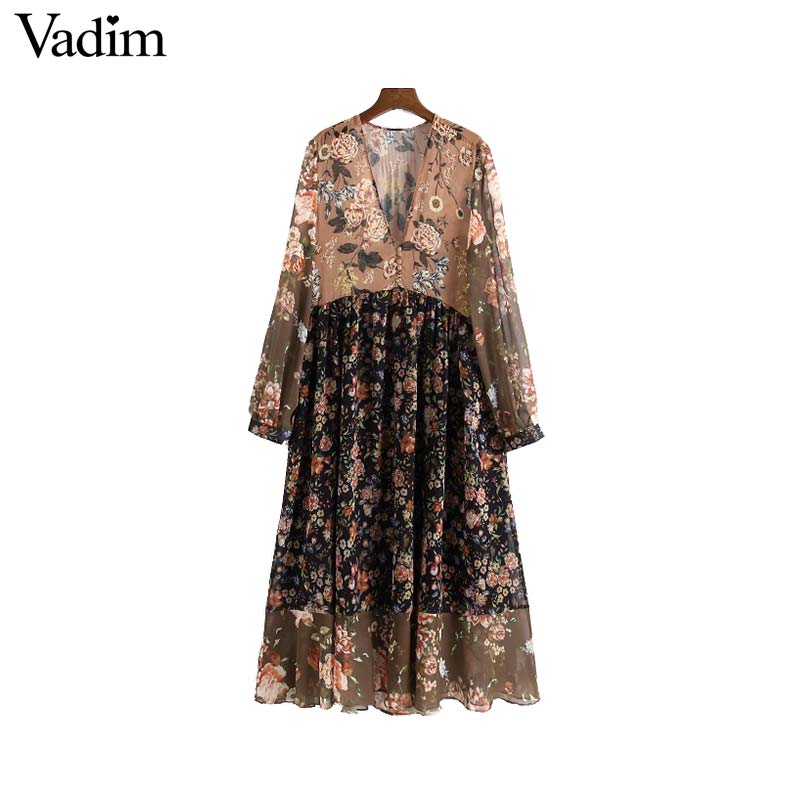 VADIM Femmes V ecque Col Vol Floral Robe plissée Voyant à travers une manche longue Vintage Femme Robe de veau à mi-veau chic Vestidos QA763