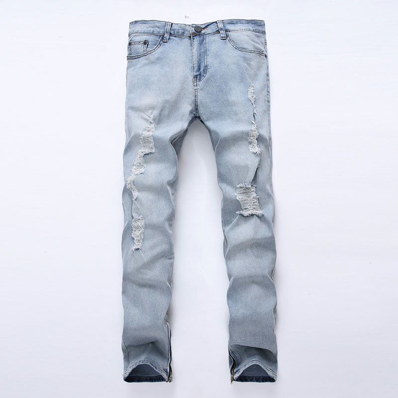

Men Distressed Biker Jean Casual Vintage Side Zipper Ripped Denim Knee Holes Hip Hop Destroyed Jeans, T-1800