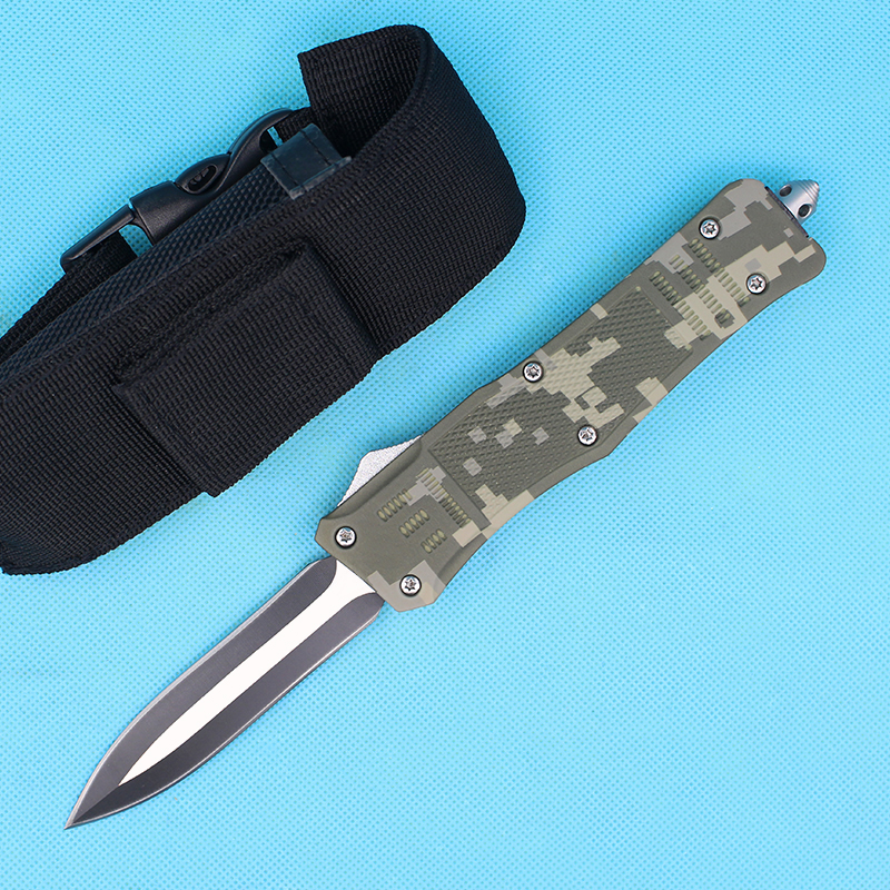 

Factory Direct Camoflage Automatic Tactical Knife 440C Steel Blade Zn-al Alloy Handle With Nylon Bag, Offer different handles colors and blades styles
