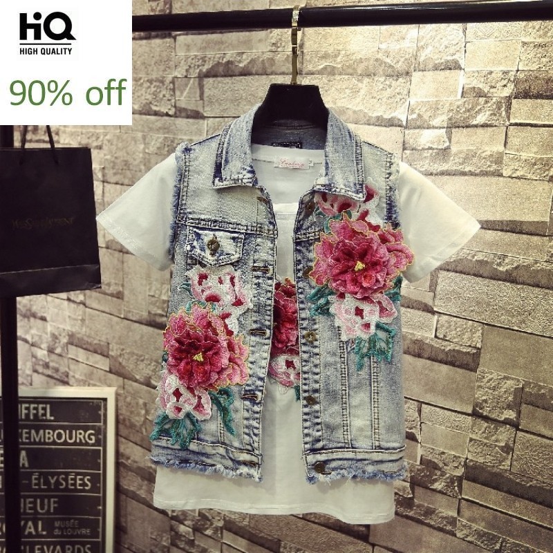 

2020 Spring Summer Embroidery Denim Vest Women Fashions Hole Ripped Flower Jacket Customize Streetwear Long Sleeve Jean Jacket