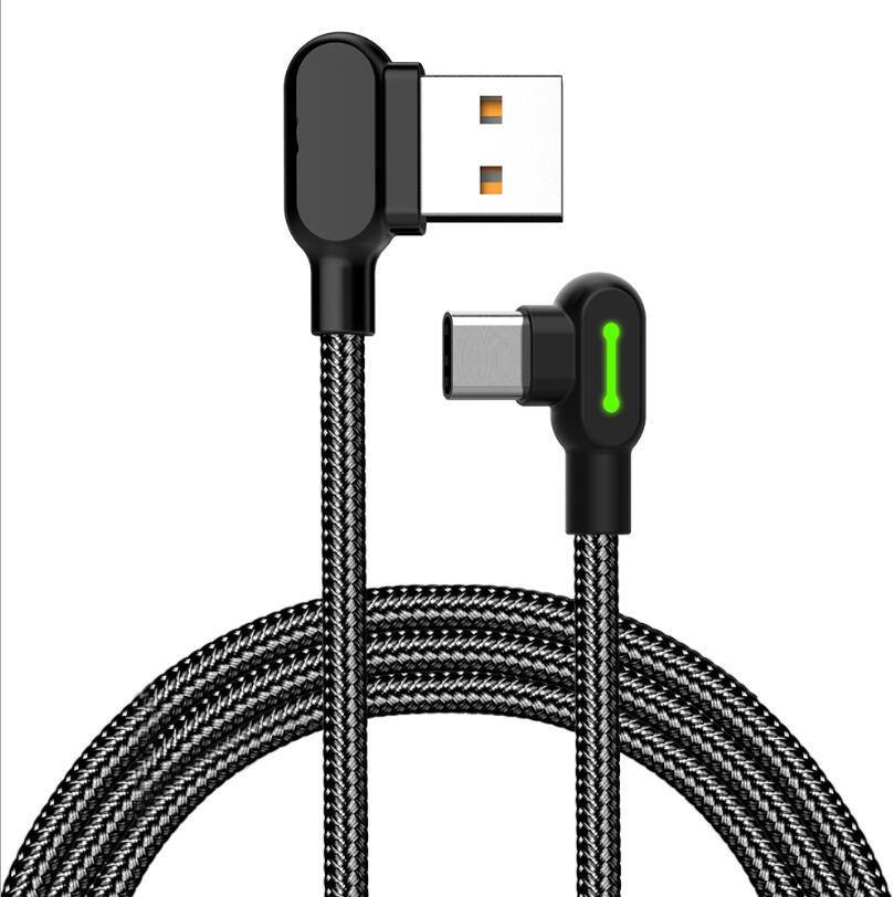

Double Elbow Type-C Micro USB Cables Fast Charge 90 Degree Cable With Light For Samsung Huawei cable for all Mobile Phone gaming cable, Black