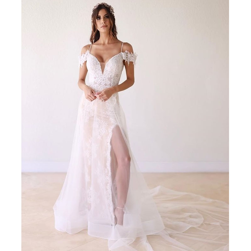 

Leg Slit Lace Wedding Gowns Long Bohemia Wedding Dresses Sweetheart Spaghetti Straps Long Country Wedding Gowns robe mariee, White