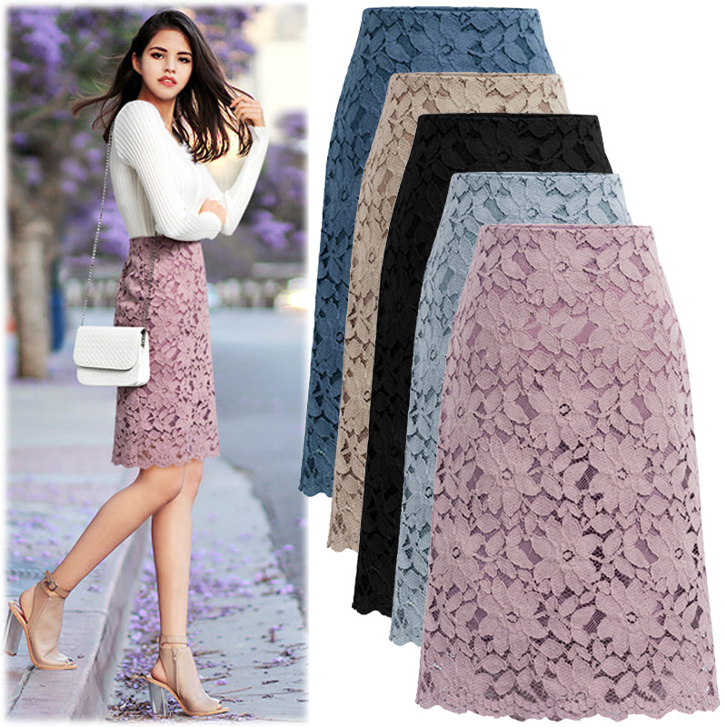 

Women Summer Skirt Plus Size Lace Elegant Office Skirt Lady Pencil Skirt Knee-length High Waist Package Hip Skirts, Deep blue