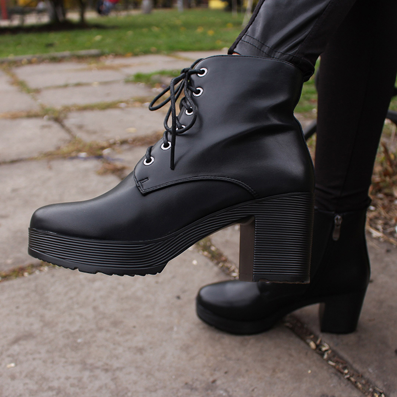

Hot Sale-Platform Heels Women Ankle Boots Soft Leather Thick high Heel Platform Boots Winter Autumn Boots Warm, Black